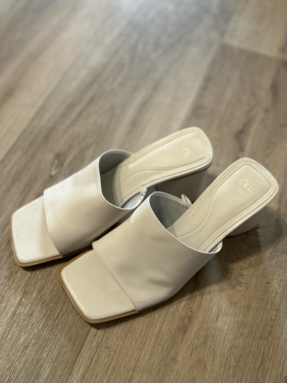 Zara White Square Toe Block High Heels